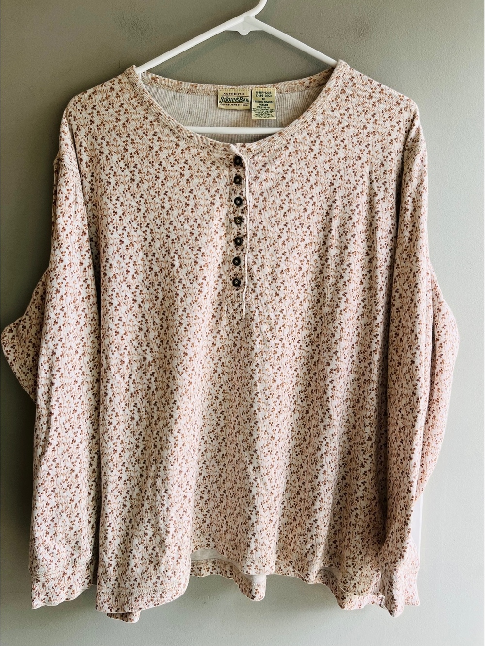Vintage St Johns Bay Floral Henley Long Sleeve Shirt Brown Cream Autumn Size 1X